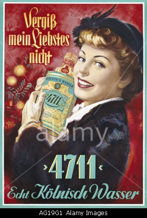 "advertising, cosmetics, perfume, "4711", Echt Kolnisch Wasser, 1950s, 50s, poster, design by RH, fine arts, perfume, toilet w