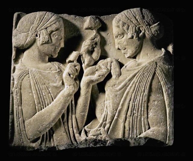 Hellenistic relief,5th BCE Demeter and Core Exaltation on the flower,470-460 BCE,Pharsale, Tessalia.Greece- Louvre Museum