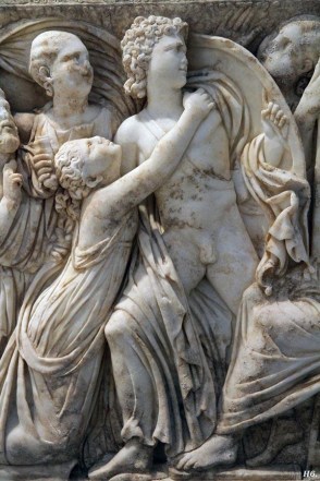 Detail Roman sarcophagus. Achilles. Lycomedes. Getty museum. (detail)