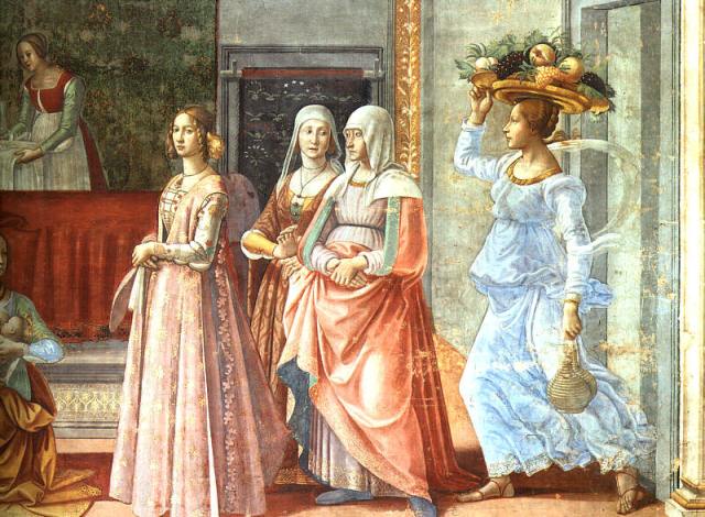 Ghirlandaio Domenico. The Birth of John the Baptist, detail, 1485-90, fresco, Church of Santa Maria Novella, Florence