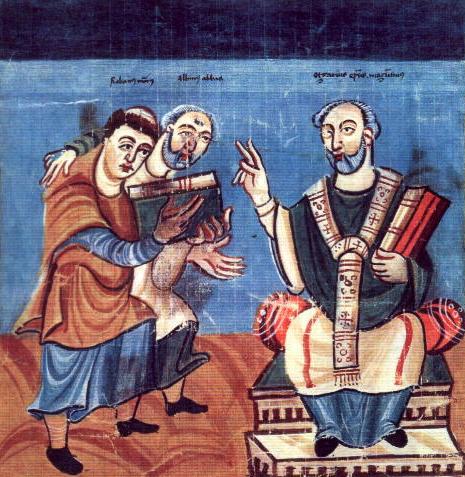 rabano-mauro-accompagnato-da-alcuino-al-centro-nellatto-di-presentare-un-libro-allarcivescovo-di-magonza-otgar-manuscriptum-fuldense-ca-831-840-osterreichische-nationalbibli